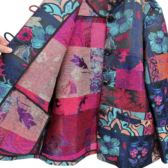 Berek Multicolored Satin Patchwork Jacquard Floral Print Collared Jacket - Picture 9 of 13